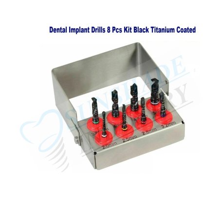 Dental Implant Drills Black Kit – 8 Pcs Stainless Steel Surgical Instrument Set with Box